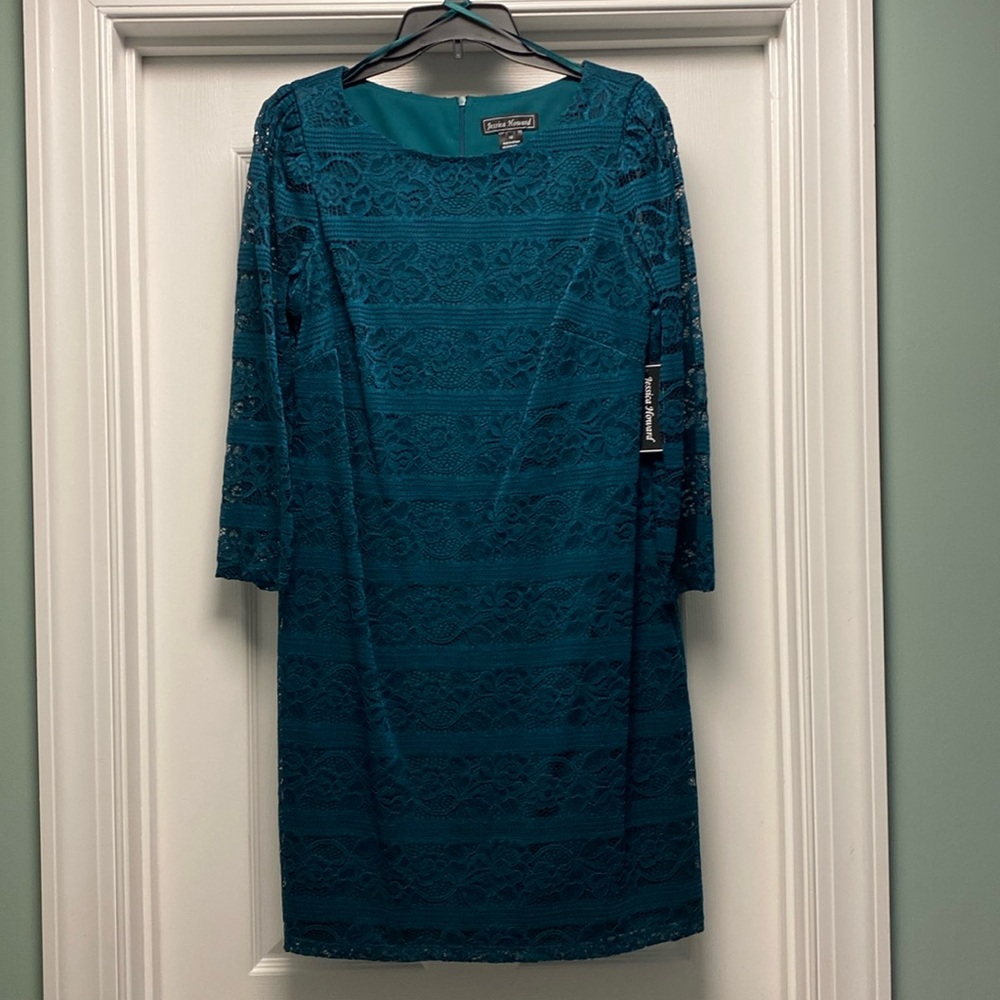 NWT Jessica Howard Sz 12 lace teal 3/4 sleeve round neck dress